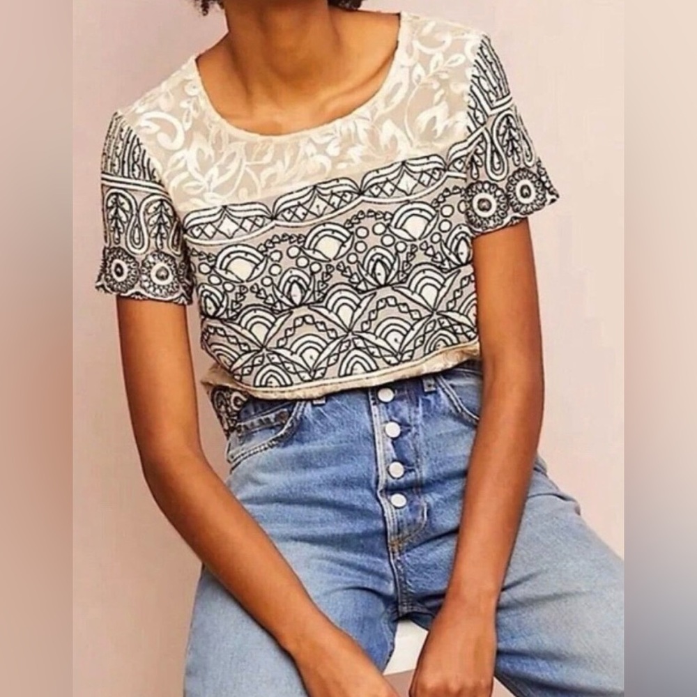 MEADOW RUE OFF-WHITE WITH BLACK EMBROIDERY SEQUINS BOXY SHORT SLEEVE SHIRT SZ 8 - Picture 8 of 8
